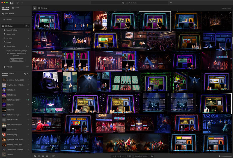 Adobe Lightroom Library module showing a grid of theatrical production photos from a dozen shows, organized by album in the sidebar